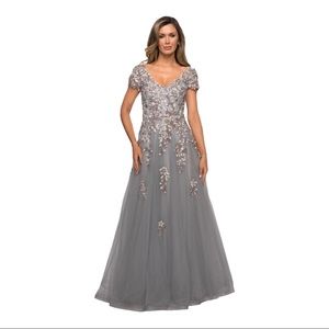 La Femme Beaded Lace Appliqué Tulle A-Line Gown 8